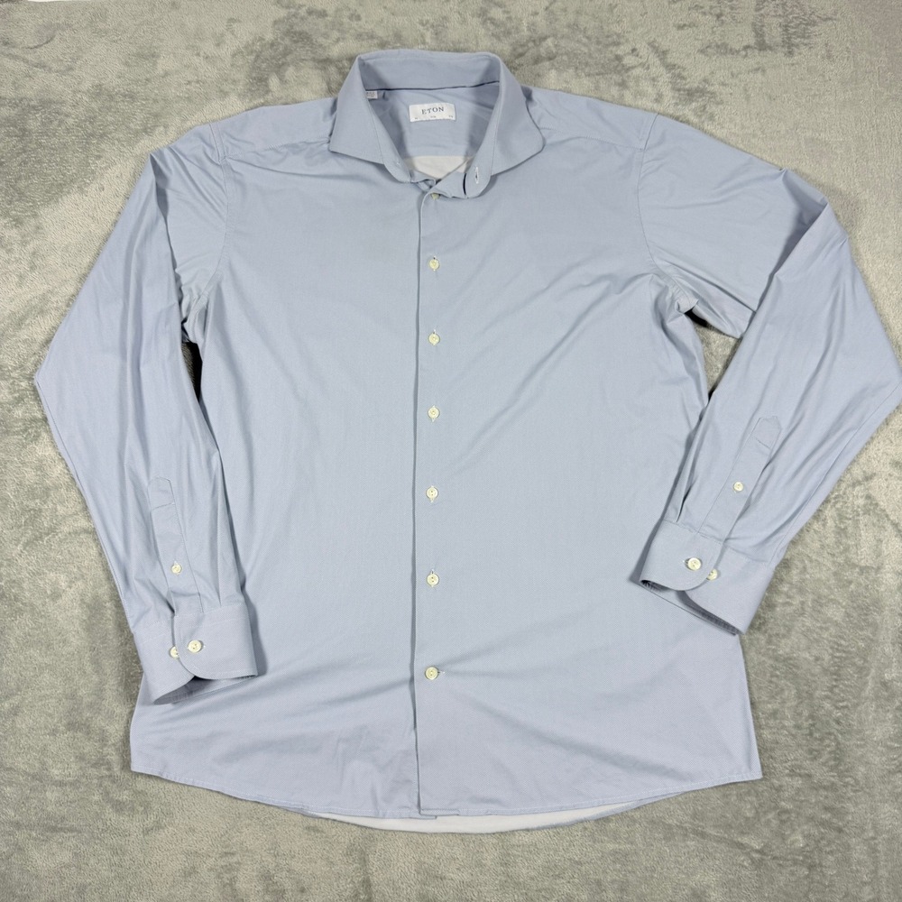 Eton Mens 17.75 Slim Fit Dress Shirt Blue Herringbone Performance Long Sleeve